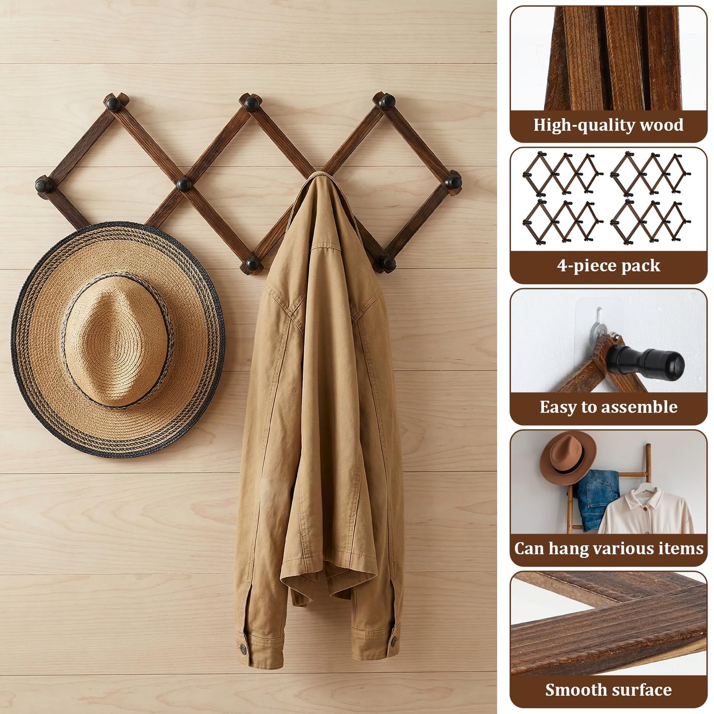 Lyksgir 4 Pcs Accordion Wall Hanger, Wooden Expandable Wall Mounted Hanger, Expandable Coat Rack, X Shape Coat Hooks for Hat, Coats, Coffee Mugs, Scarf, Including 40 Pegs with 8 Adhesive Hook (Brown)