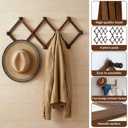 Lyksgir 4 Pcs Accordion Wall Hanger, Wooden Expandable Wall Mounted Hanger, Expandable Coat Rack, X Shape Coat Hooks for Hat, Coats, Coffee Mugs, Scarf, Including 40 Pegs with 8 Adhesive Hook (Brown)