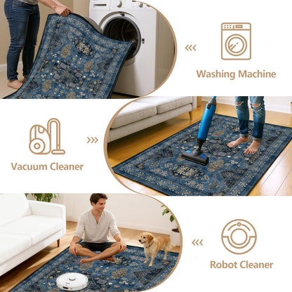Runner Rug 2'x6' Vintage Boho Kitchen Rugs Washable Mat Non-Slip Soft Carpet with Rubber Backing Rugs for Hallways, Kitchen, Laundry, Bedroom, Bathroom, Blue