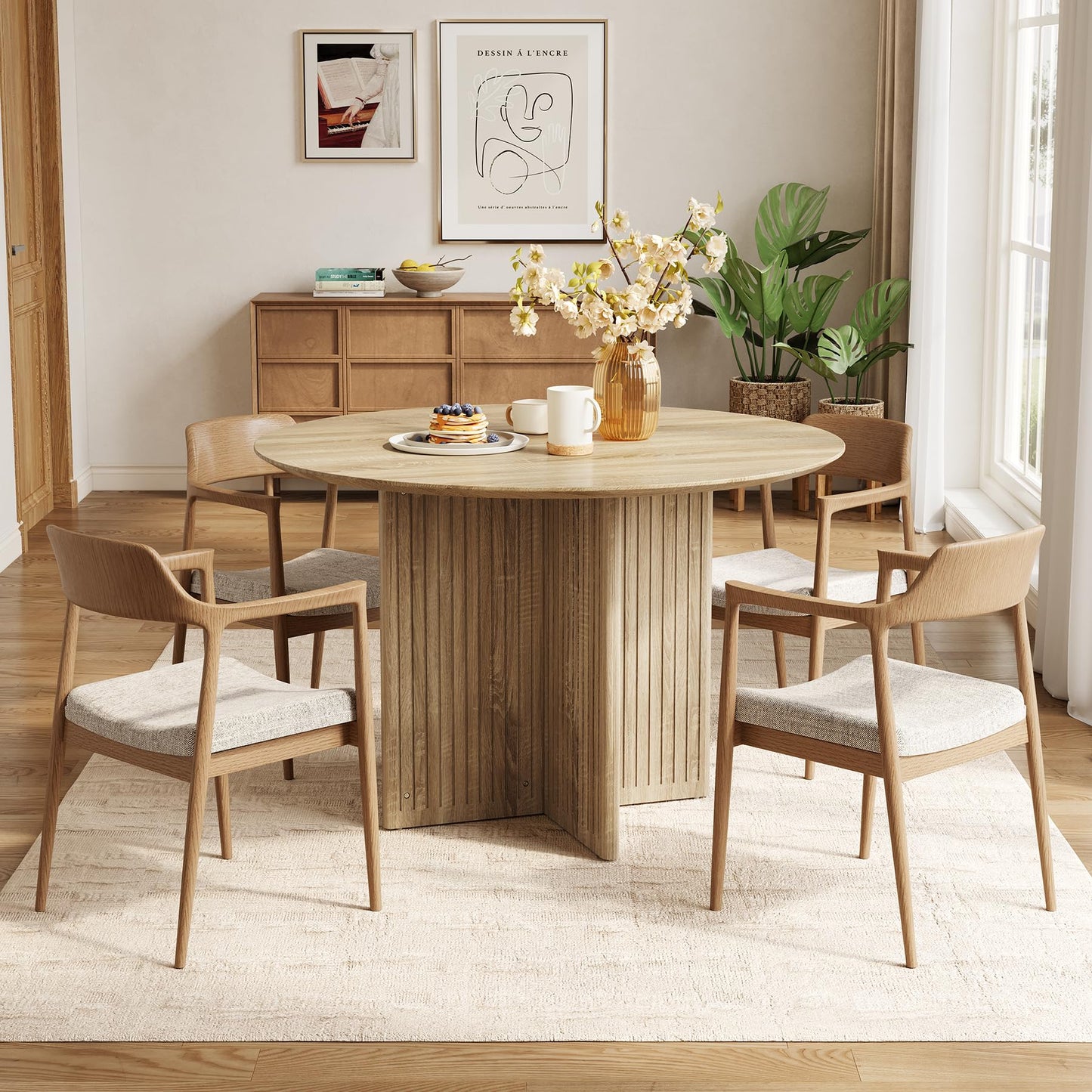 LITTLE TREE Round Dining Table for 4-6 People, Modern Wooden Kitchen Table with Pedestal Base, Small Dinner Table for Dining Room, Kitchen, Living Room