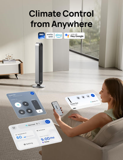 DREO Tower Fan for Bedroom, 42 Inch 120° Oscillating Fan, 20dB Quiet DC Motor, 28ft/s Velocity Bladeless Standing Fan with 12 Speeds, 4 Modes, 12H Timer Cooling Fans for Home, Living Room