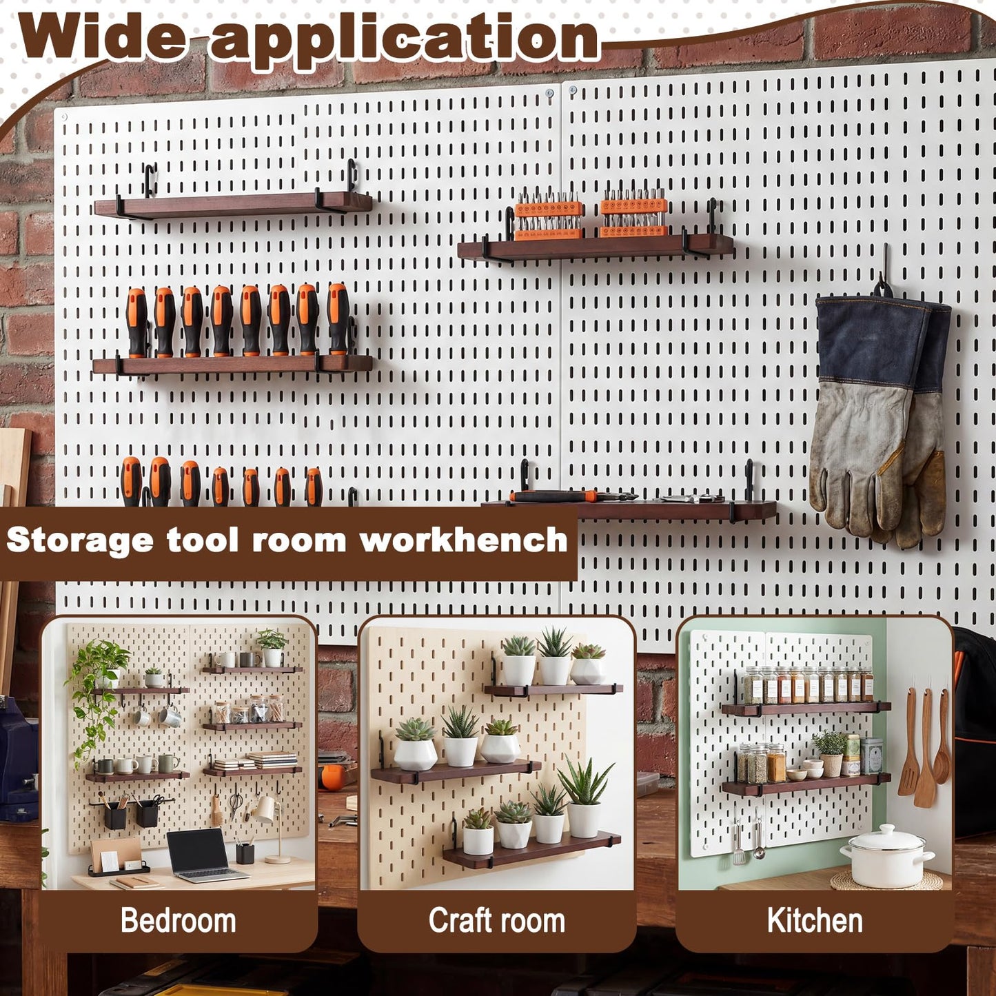 Novabright 8 Pcs Walnut Color Pegboard Shelves Set with Metal Brackets Hooks 11.8 x 4'' Wall Wooden Pegboard Shelving Heavy Duty Accessories for Crafts Office Garage, Compatible with IKEA Skadis