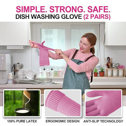 DABOGOSA Mamison 2 Pairs Reusable Waterproof Household Dishwashing Cleaning Rubber Gloves, Non-Slip Kitchen Glove (Pink, Large (Pack of 2))