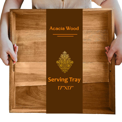 Large Acacia Wood Serving Tray, 17 Inch Square Ottoman Tray with Handles, Big Wood Platter for Living Room, Oversized Wooden Trays for Ottoman Decorative Food Coffee Table Party Bed Dinner Topper