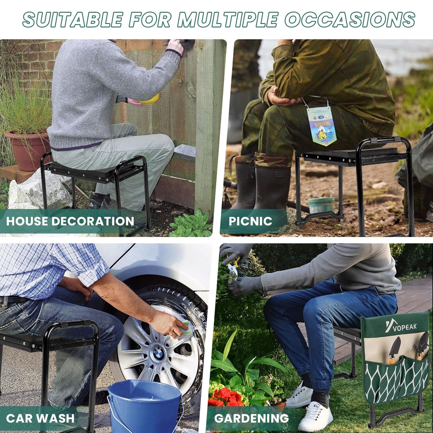 VOPEAK Garden Kneeler and Seat Heavy Duty, Foldable Garden Stool with Upgraded Widened Thick Kneeling Pad, Stable Garden Kneeler with 2 Large Tool Bags, Gardening Gifts for Women, Men, Seniors, Green