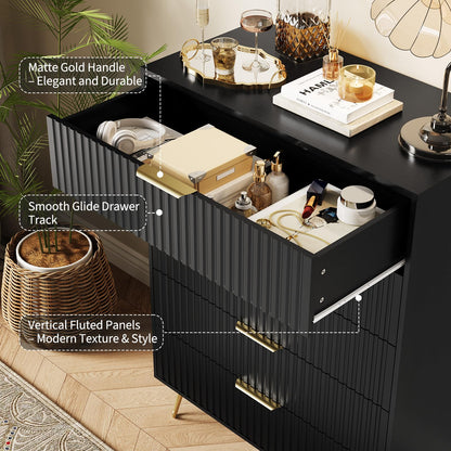 GarveeHome Fluted Dresser for Bedroom with 5 Drawers,32" Wide Modern Chest of Wooden Bedroom Chest with Metal Handle,Clothes Storage Organizer,Dresser & TV Stand for Living Room,Black