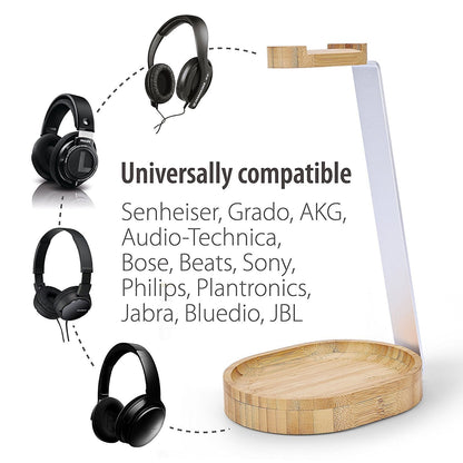 Avantree TR902 - Universal Wooden & Aluminum Headphone Stand Hanger with Cable Holder, Sturdy Desk Headset Mount Rack