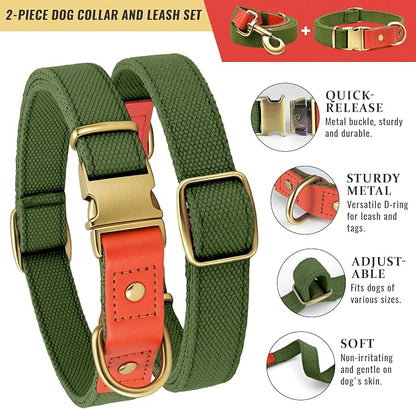 Nylon Dog Leash and Collar Set with Metal Quick Release Buckle, Adjustable, Durable High-Density Fabric, Breathable, Soft and Comfortable, No Pull for Walking and Training, Green, XL (16.9"-26")