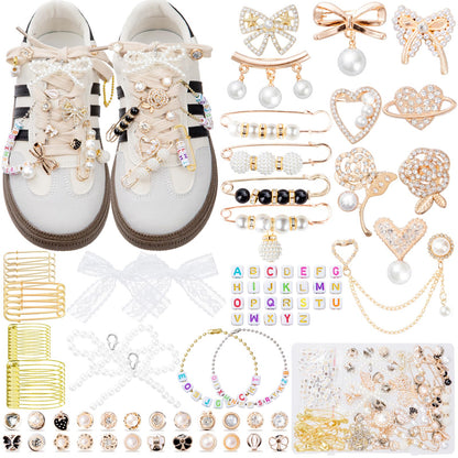 RQAYE 410pcs Shoe Charms for Sneakers & Accessories - DIY Shoe Lace Pearl Rhinestone Brooches and Pins for Women,Junk Socks Charms Kit and Satin Cute Shoelace Accessories