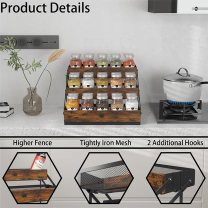 KOKSTOP 3 Tier Spice Rack Organizer for Cabinet, Foldable Spice Rack for Countertop, Cabinet Drawers Rustic Wooden Seasoning Spice storage for Kitchen Station, Pantry, Home - 1PC