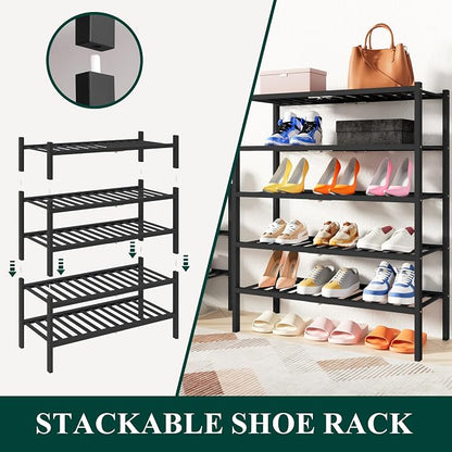 Smiry Bamboo Shoe Rack, 2 Tier Free Standing Wooden Shoe Organizer, Stackable Wood Shoe Storage Shelf for Closet, Entryway, 14 Vertical Slats, One-piece Heavy-Duty Legs, 26.8"x11"x13", Black
