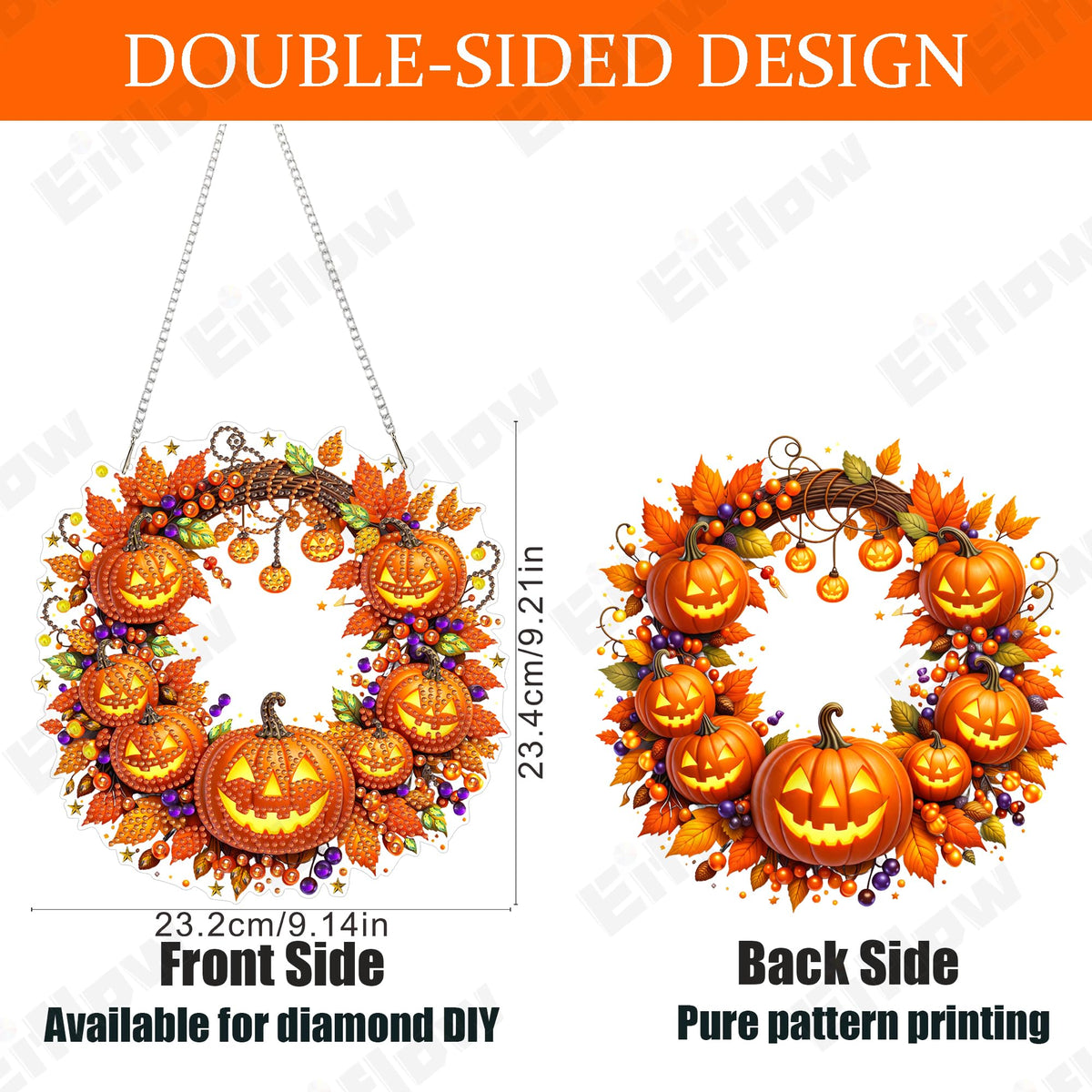 Eiflow Acrylic Diamond Art Hanging Kit for Adults Halloween, DIY Diamonds Painting Door Hanger Board Kit, Special Crystal Diamond Art Painting Pendant Ornament (Pumpkin Wreath)