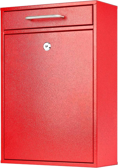 KYODOLED Locking Wall Mount Mailbox for Outside, Drop Box, X-Large, Red | Heavy-Duty Steel, Outdoor Mail Box with Key Lock, Large Capacity, Home, Office & Apartment Use, 16.2H × 11.2L × 4.6W In