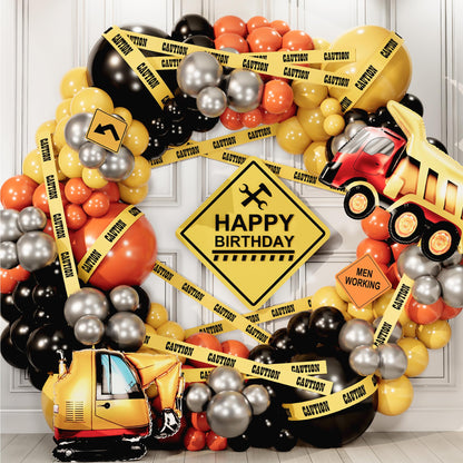 ALL-IN-1 Construction Balloon Arch Kit with BONUS Caution Tape & Truck Balloons - Construction Balloons for Excavator Birthday Decorations - Construction Birthday Party Supplies & Decorations