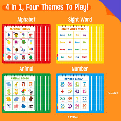 Family Bingo Game, Alphabet Animal Sight Word and Number Bingo Board Game, Counting and Matching Skills Classic Educational Game for Kindergarten and Preschool Kids, Perfect for Home and Classroom