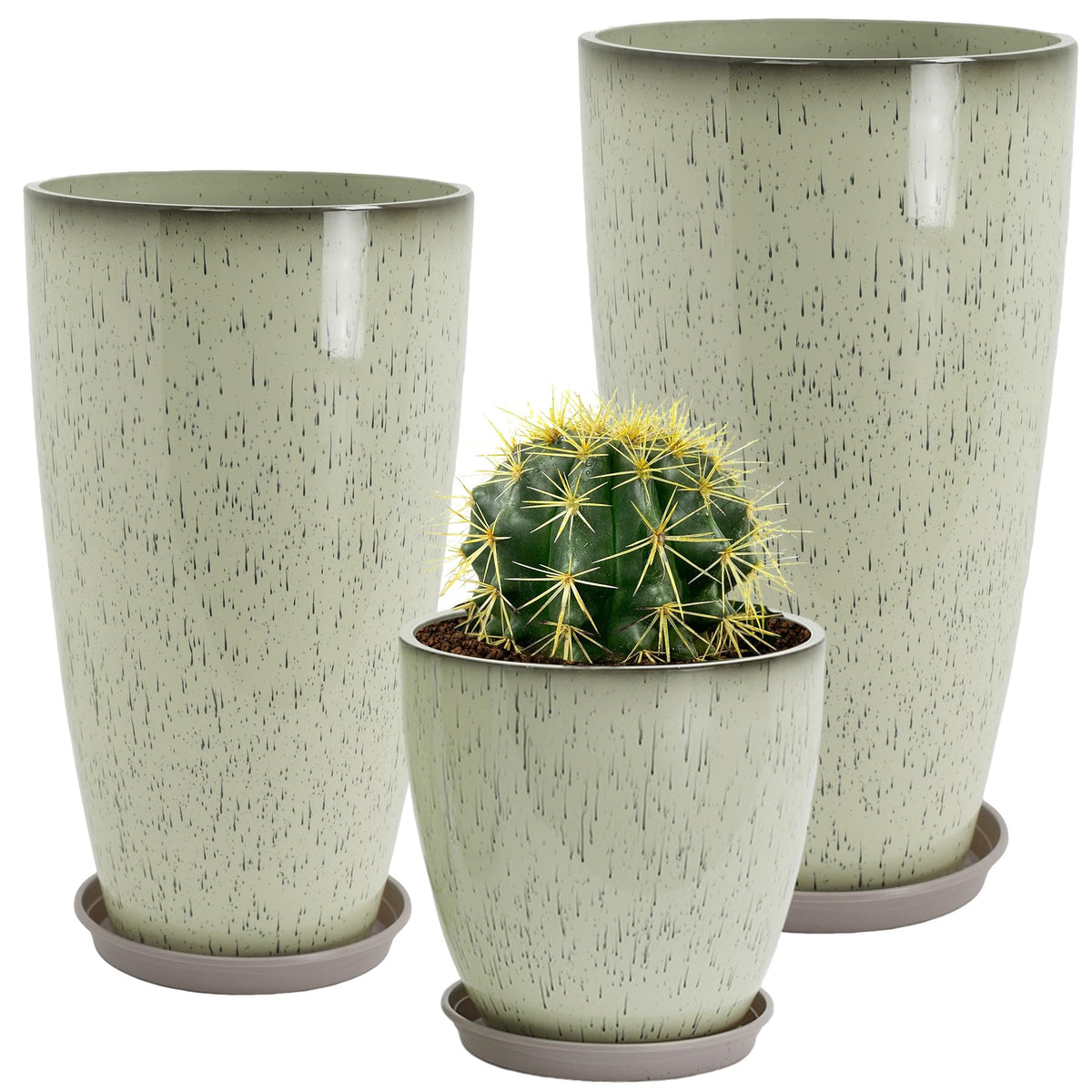 Neoaider 24/21/12 Inch Large Plastic Planter, Lightweight Ceramic-Look Tall Planters with Drain Hole & Saucers, Tall Plastic Planters for Porch, Garden, Patio, Balcony(Drip Glaze)