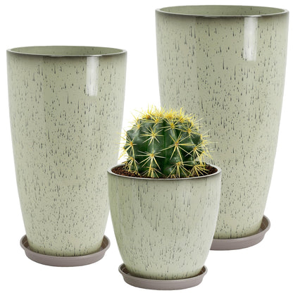 Neoaider 24/21/12 Inch Large Plastic Planter, Lightweight Ceramic-Look Tall Planters with Drain Hole & Saucers, Tall Plastic Planters for Porch, Garden, Patio, Balcony(Drip Glaze)