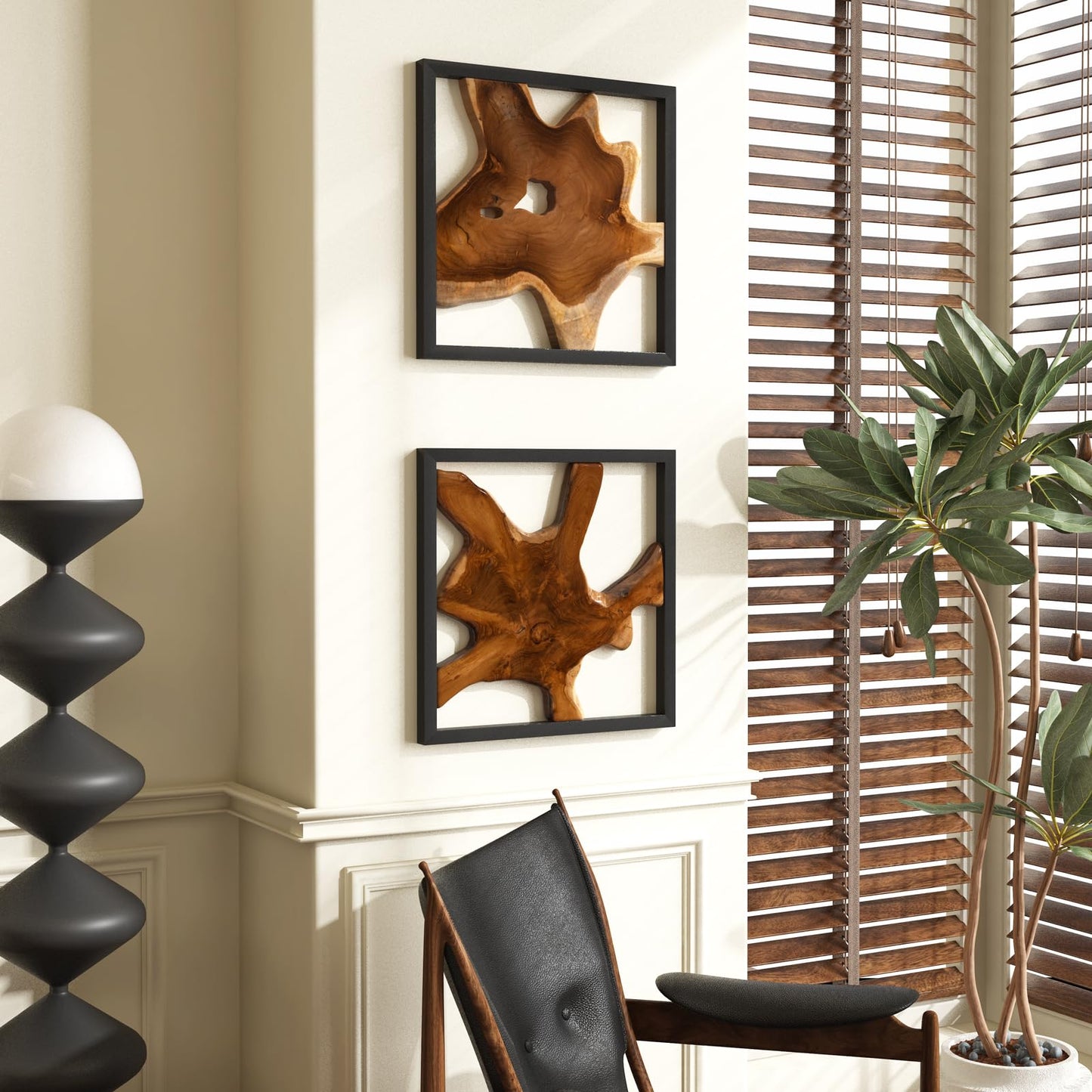 JOLLYMER 2 Pack Live Edge Teak Wood Wall Decor, Rustic Wooden Wall Art, Handcrafted Home Decoration for Living Room Bedroom Office, 17"x17" Black Frame