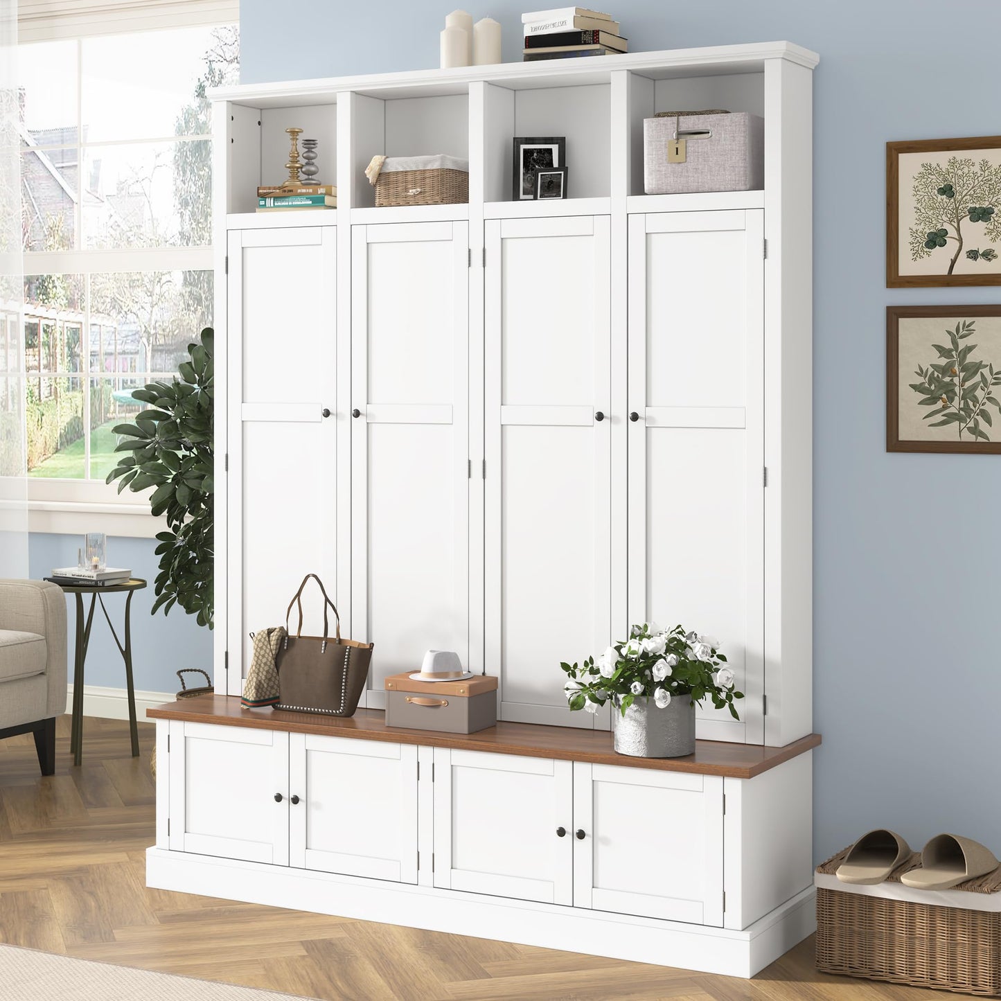 Merax Farmhouse Hall Tree with Bench and Cabinet, 4-in-1 Entryway Storage Organizer with Rack, Shoe Storage and Hooks for Mudroom, Living Room, Bedroom, White