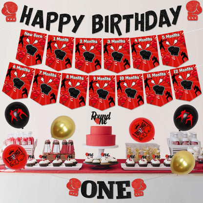 Boxing 1st Birthday Decorations Red Black Boxing Theme Happy Birthday Banner, Photo Banners, High Chair Banner, Round One Cake and Cupcake Toppers, Number 1 Balloons Kit for Boys First Bday Party