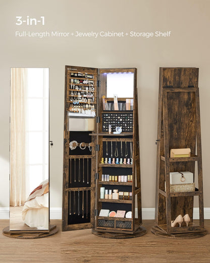 SONGMICS 6 LEDs Lockable Mirror Jewelry Cabinet, 360° Swivel Jewelry Organizer Armoire Standing, Frameless Full-Length Mirror, 3 Storage Shelves, Rustic Brown Surface, Black Lining UJJC007X01