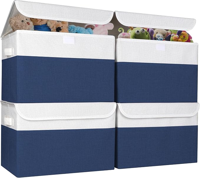 Bagnizer Large 22 Quart Linen Fabric Foldable Storage Bin Cube Organizer Basket with Flip-Top Lid & Handles, Clothes Blanket Box for Home, Office, Closet, Navy Blue & White, 4 Pack 14.6 x 9.5 x 9.5