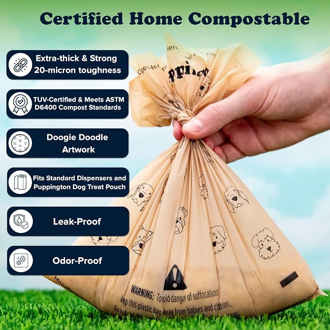 Puppington Certified Home Compostable Poop Bags - ASTM D6400 Compliant - Pairs with Puppington 3-in-1 Bag & Fits all Standard Poop Bag Dispensers (Latte Beige) (Latte Beige, 180 Bags)