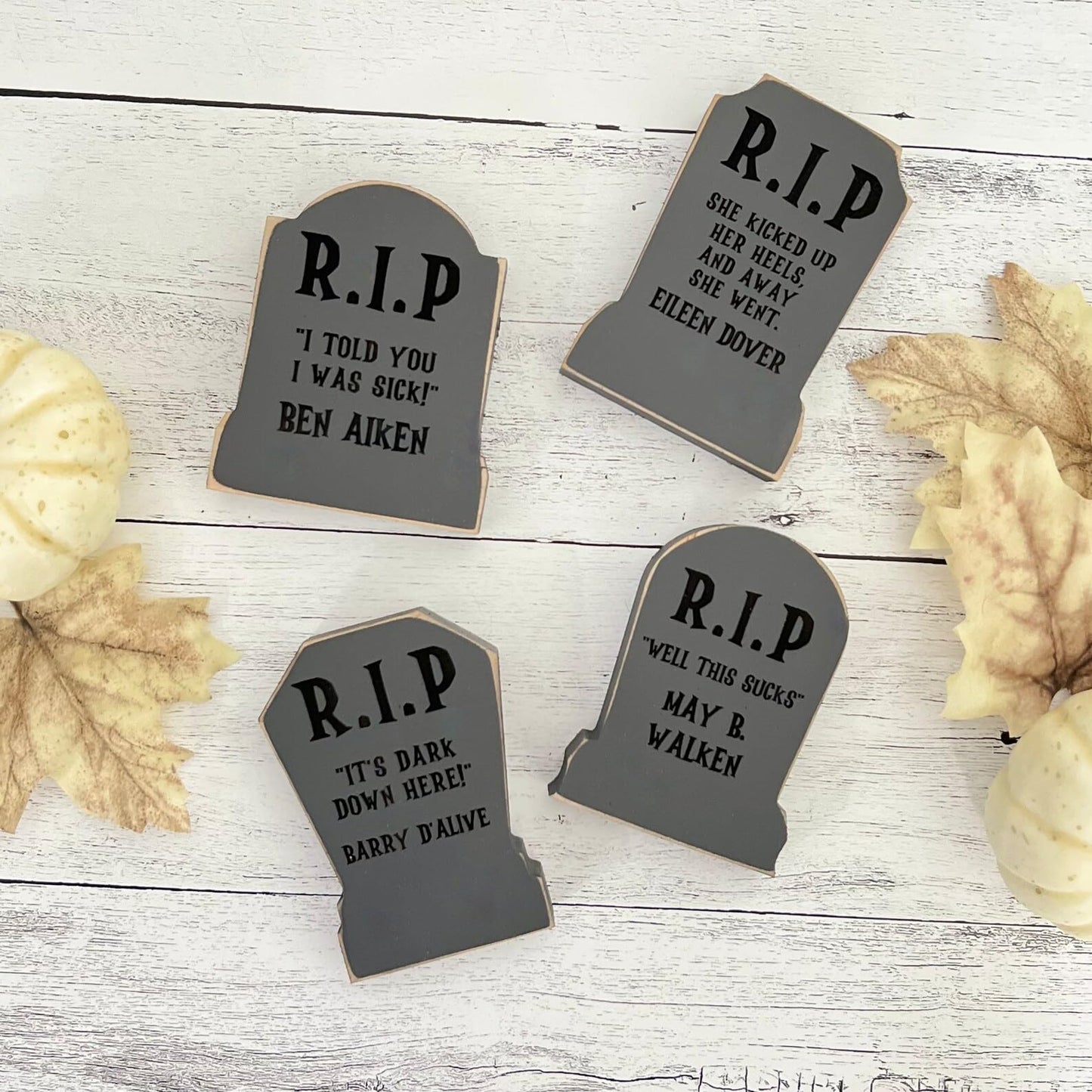 Wooden Funny Tombstone Shelf Sitter, Chunky Wooden Gravestone, Halloween Tiered Tray Decor, Halloween Mantel Decor, Halloween Table Decor (Eileen Dover)