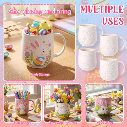 Zubebe 4 Sets Easter Paint Your Own Mugs Craft Kit, Bunny Ceramic to Paint, DIY Mugs for Adults, Festive Coffee Tea Cup for Adults with Painting Set for Easter Basket Stuffers Family Party Favors Gift