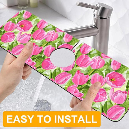 2 Pack Watercolor Tulips Sink Faucet Absorbing Mat Pink Tulips Super Absorbent