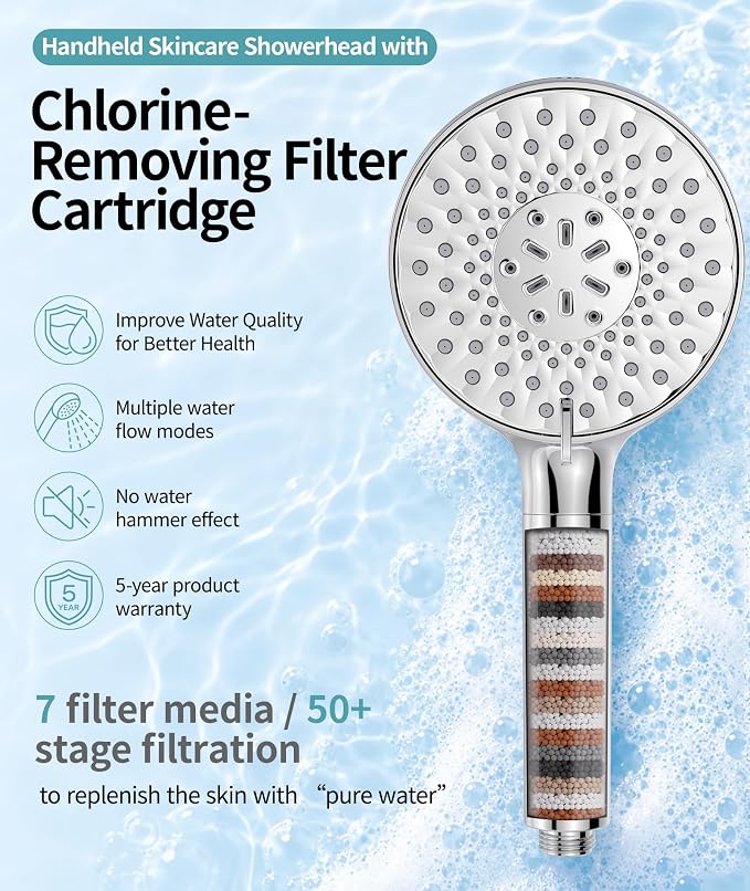SR SUN RISE Filtered Shower Head with Handheld High Pressure 9 Spray Mode Showerhead Detachable Shower Head Water Softener Filters Beads for Hard Water Remove Chlorine 1 Filter Chrome