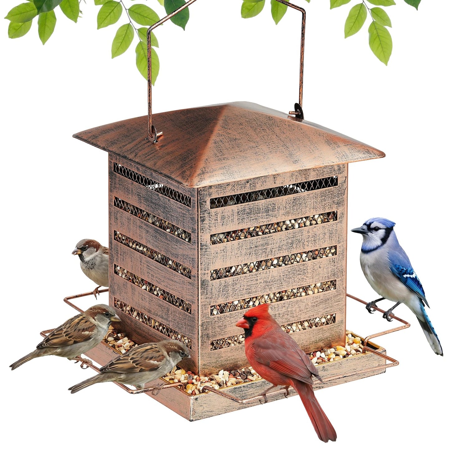 IWNTWY Bird Feeder, 3 LB Large Capacity Metal Bird Feeders for Outdoor Hanging, Heavy Duty Wild Birdfeeder with 4 Perches, Sturdy & Easy to Refill