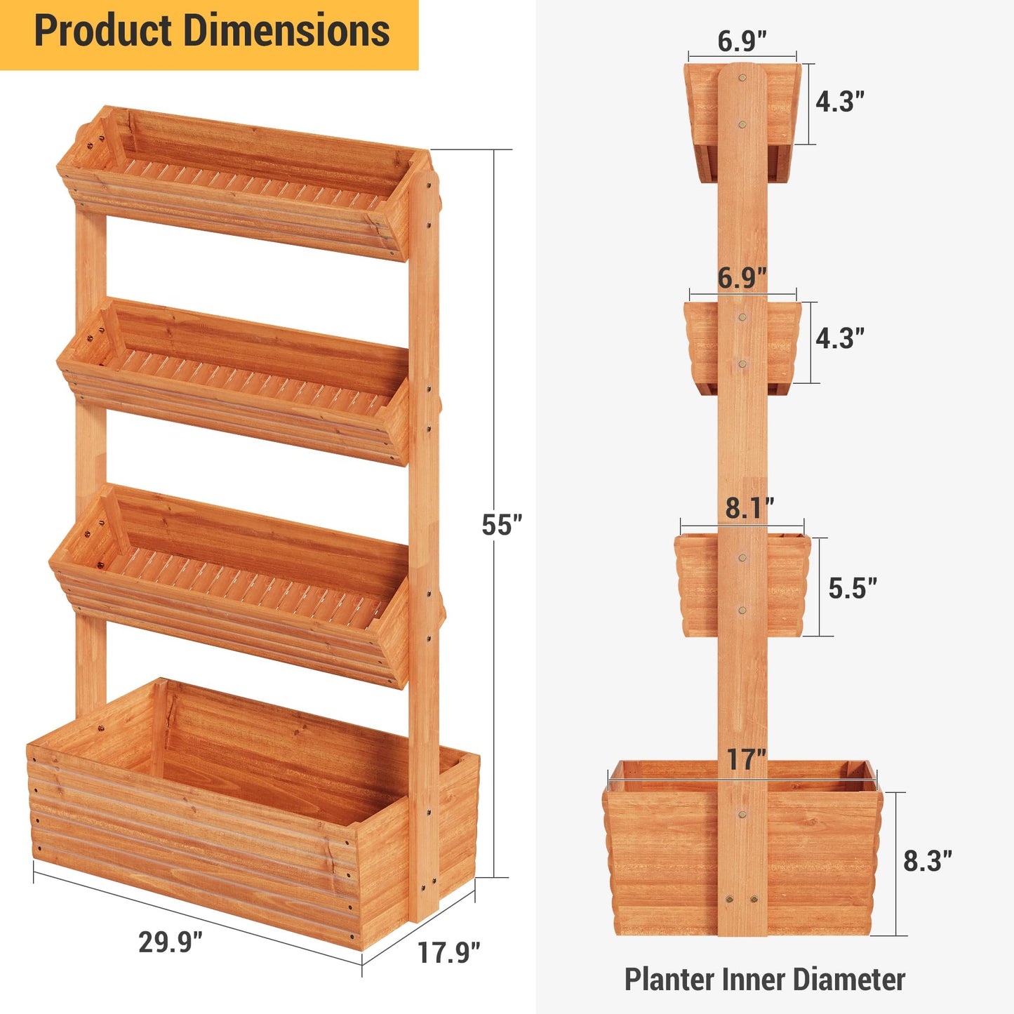 RHINEINMIST Vertical Wooden Raised Garden Bed Planters Wood Planter Kit Plant Stand Flower Rack Planter Box Gardening for Plants Herbs Flowers Vegetables Outdoor Indoor Freestanding (Orange 4-Tier)