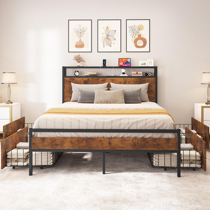 YITAHOME Queen Size Bed Frame with 4 Storage Drawers, Metal Platform Bed with Wooden Headboard and Charging Station, No Box Spring Needed, Fast Assemble, Brown