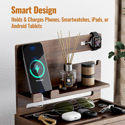NiHome Wooden Nightstand Organizer for Men, Solid Wood Charging Dock for Smartphone, Smartwatch, Tablet, Wallet, Keys, Glasses, Accessories, Easy Assembly Stylish Design for Classic & Modern Interiors