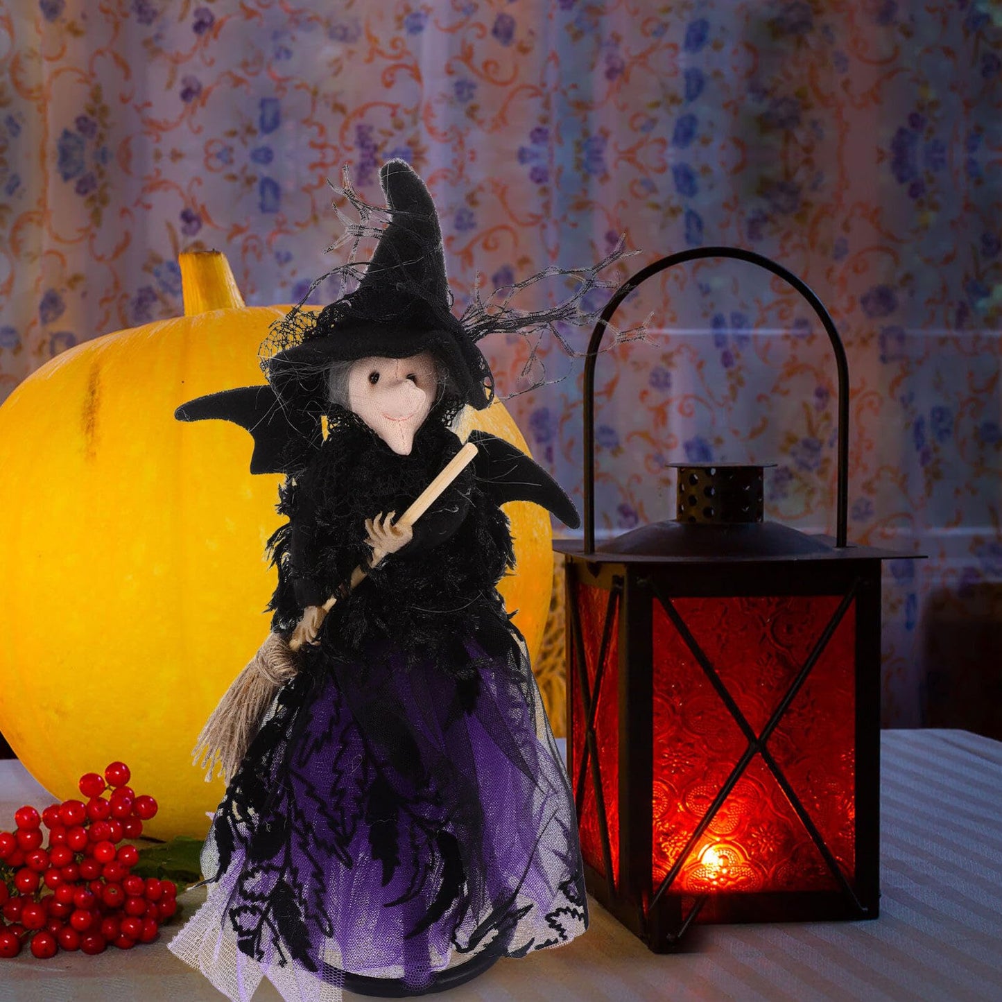 Alipis Halloween Witch Tree Topper, Black Witch Doll Ornament with Black Pointed Hat and Flying Broom Christmas Tree Top for Desktop Treetop Fireplace Halloween Decor