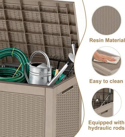 Vixzen 121 Gallon Waterproof Large Deck Box, Lockable Resin Outdoor Storage Box with Hydraulic Lid, Durable Storage Bin for Patio Furniture Cushions, Garden Tools, Pool Accessories, Grey