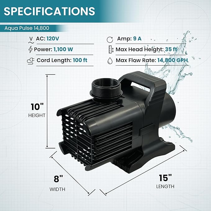 HALF OFF PONDS Submersible Water Pump, 14,800 GPH Pond Pump with 100FT Power Cord and 35.5FT Max Head, 1,100W Ultra Quiet Energy Efficient Pump for Koi Pond, Fountain, Waterfall, Water Garden, Skimmer