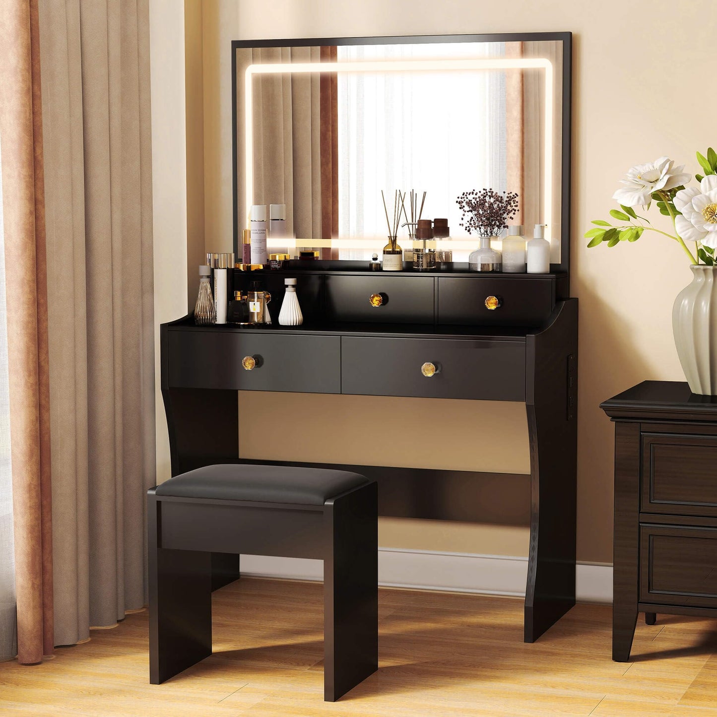 COMHOMA Makeup Vanity Desk with Mirror and Lights, Vanity Table and Chair Set with 5 Drawers and Charging Station, Bedroom Dresser LED Mirror Stepless Dimmable & 3 Color Modes Adjustable, White