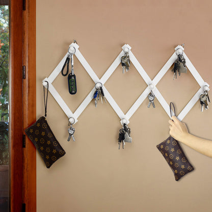Dseap Accordian Wall Hanger: 16” High Wooden Wall Expandable Coat Rack, Hat Rack Holder, Accordion Hook for Baseball Caps, Coats, Mugs, 10 Peg Hooks, White