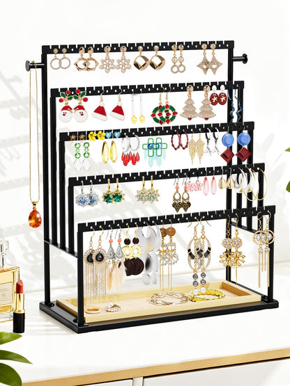 TIPSYTREE Earring Holder Organizer, 5-Tier Jewelry Display Stand with Matte Black Metal Frame and Wooden Tray, Large Earring Holder for Studs, Hoops, Dangles, Modern Jewelry Organizer for Women