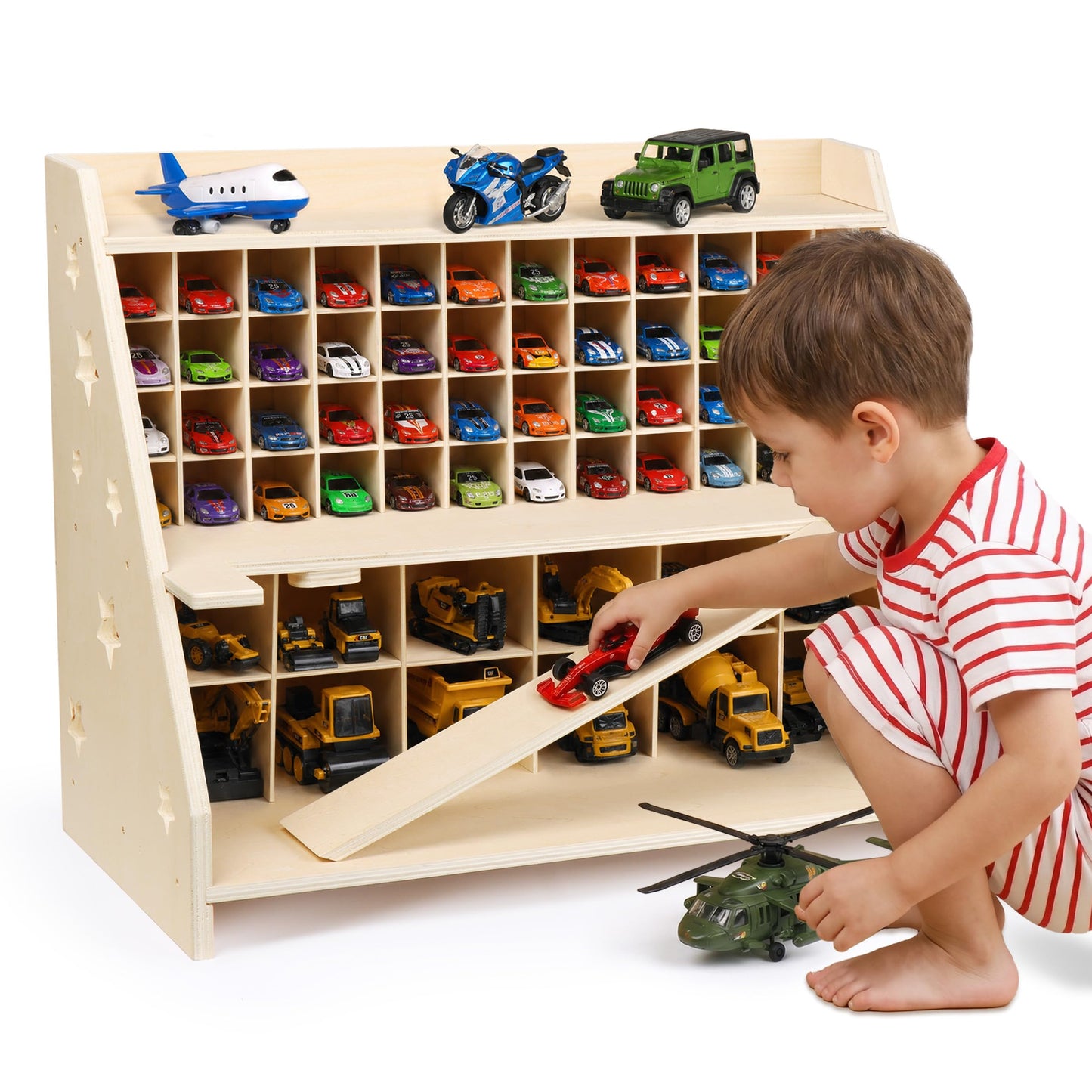Essenhome Wooden Toy Car Garage Storage Organizer - 70+ Car Display Shelf with Foldable Racing Ramp, Dual-Layer Storage for Large Trucks & Small Cars, High-Density Plywood Nursery Furniture for Kids