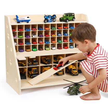 Essenhome Wooden Toy Car Garage Storage Organizer - 70+ Car Display Shelf with Foldable Racing Ramp, Dual-Layer Storage for Large Trucks & Small Cars, High-Density Plywood Nursery Furniture for Kids