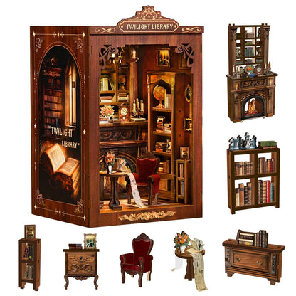 KLEVVO DIY Book Nook Kit, Wooden Miniature Booknook Kit with LED Light, 3D Wooden Bookend Model Building Kit, Handmade Book Nook Gift for Adults Teens Beginners【Micro Light Book Pavilion】