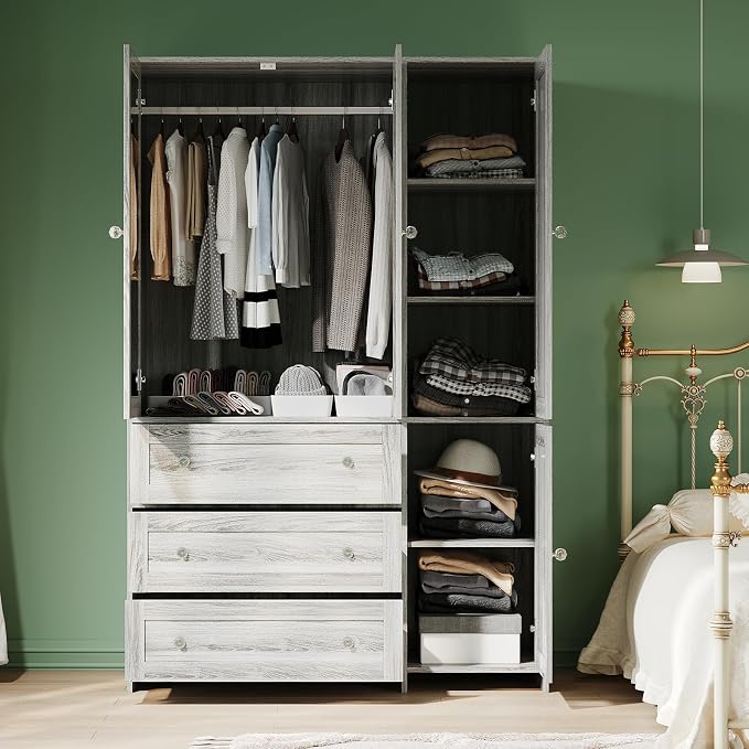 VOWNER Armoire Wardrobe Closet with Drawers and Mirror, 71" Clothing Storage Cabinet with Hanging Rod, 4 Doors Wooden Wardrobe Cabinet for Bedroom, Large Capacity Storage (1, Gray Oak)