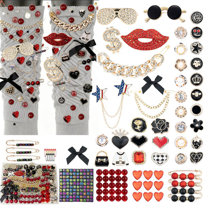 MINGRI Junk Socks Charms Kit Red Black,195 Pcs Shoes Charm for Sneakers,Brooches and Pin for Women with Letter,Safety Hat Pin for Women Gift Rhinestone Junk Charm with Pearl Chain