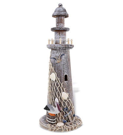 Puzzled COTA Global Brown Wooden Lighthouse Decor - Handmade and Crafted Wooden Lighthouse Decoration with Pelican and Fishing Net, Tabletop Home Decor - 15.75 Inches
