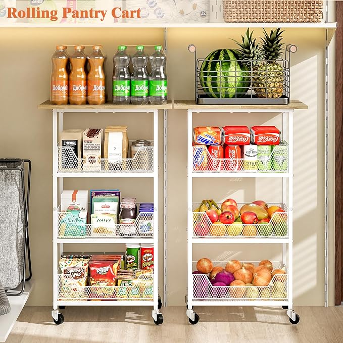 ThreeHio Rolling Kitchen Microwave Cart with Fruit Baskets, 4 Tier Microwave Table Stand with Storage, Kitchen Storge Shelf on Wheels Small Rolling Cart Organizer Rack for Pantry, Living Room