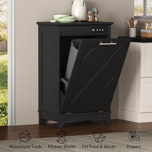 Single Tilt Out Trash Can Cabinet with Negative Ion Odor Control, Hidden 10-Gallon Recycling Cabinet, Dog Proof Garbage Can for Kitchen, Laundry, Dining Room, Black