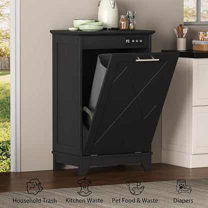 Single Tilt Out Trash Can Cabinet with Negative Ion Odor Control, Hidden 10-Gallon Recycling Cabinet, Dog Proof Garbage Can for Kitchen, Laundry, Dining Room, Black